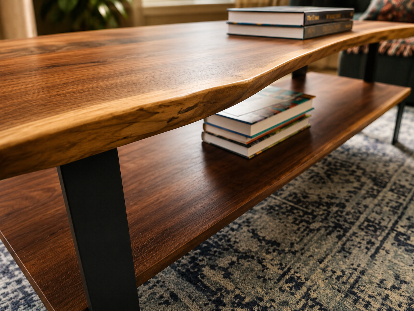 Live Edge Coffee Table + Shelf - Black Walnut