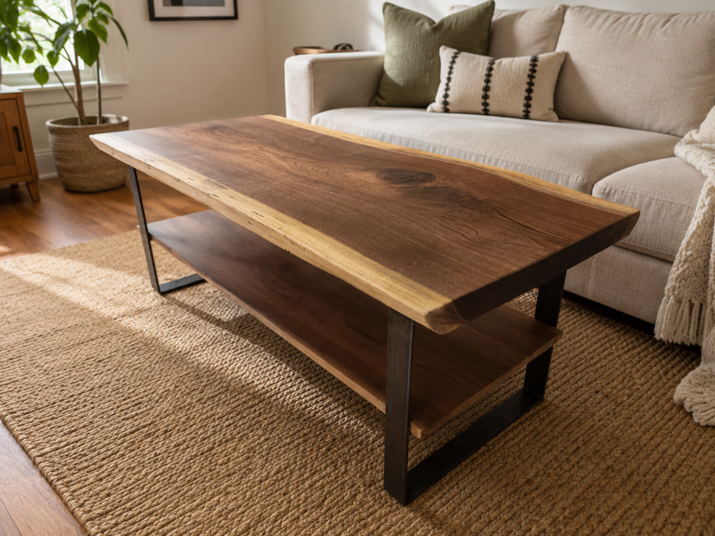 Live Edge Coffee Table + Shelf - Black Walnut
